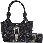 Western Style Tooled Leather Buckle Concealed Carry Purse Country Handbag Women Shoulder Bag Wallet Set (Black Set)