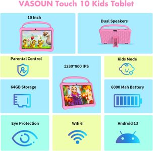 VASOUN 10-Inch Kids Tablet – Pink, Child-Friendly Android Device