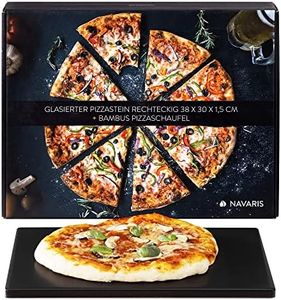 Navaris XL Pizza Stone for Baking - Glazed Square Cordierite Stone Plate for BBQ Grill Oven, Bake Serve Bread - Incl. Recipe Book - 15" x 11.8" x 0.6"