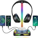 New bee Headphone Stand RGB Headset Holder with Wireless Charger, Headset Stand Gaming Headphone Holder with 2*USB-C and 1*USB Charging Ports, 7 Light Modes and Non-Slip Rubber Base (Black)