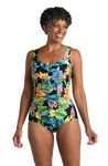 Maxine Of Hollywood Women's Shirred Front Girl Leg One Piece Swimsuit, Black//Oahu Oasis, 16