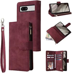 for Google Pixel 7a Wallet Case,for Google Pixel 7a Case,Boyobacase PU Leather Wallet Flip Cover Stand Feature[ 6 Card Slots and 1 Zipper Coin Pocket] with Wrist Strap-Wine Red