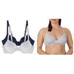 ELLEN TRACY Classic Silhouette Everyday T-Shirt Bra with Smoothing Comfort and Textured Mesh Overlay - 2-Pack Multipack, Sterling/Dark Navy, 34B