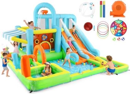 JOYLDIAS Inflatable Water Slide Bounce House for Kids, Luxury Heavy Duty Blow Up Water Park with Double Slides, Climbing Wall, Splash Pool and Sunshade Awning - Ideal Backyard Gift for Toddlers & Kids