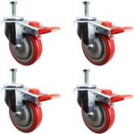 4 Inch Total Lock Caster - Red Polyurethane Wheel - 1/2"-13 x1-1/2" Threaded Stem Set of 4