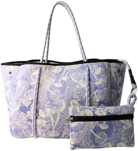 POPUPS Large Neoprene Tote Bag for Women - Everyday Designer Handbag for Travel Work and Beach with Pockets and Zipper Pouch (Prints Shrooms Purple)