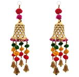 3A Featuretail Handcrafted Decorative Multicolour Pom Pom Hangings with Dummy Bells for Wall/Door/Window Hanging, Festival or Wedding Decoration Items (Golden, Set of 2)