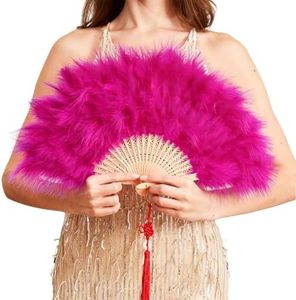 Happy Feather Handheld Marabou Feather Fan, 1920s Vintage Style Flapper Hand Fan for Costume Party and Dancing-Fuchsia