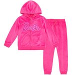 Barbie Logo Velour Matching Family Zip Up Hoodie And Joggers Set Girls track suit, Pink, 10-12