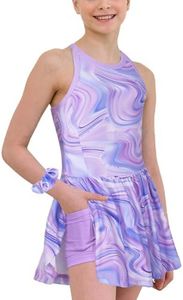 MODAFANS Girls Tennis Golf Dress Sleeveless Athletic Pleated Outfits Sets Built in Shorts with Pockets Purple Marble,6-7Years