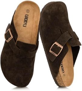 LUCKYLI Kids Suede Clogs Cork Footbed Sandals Boys Girls Slip On Mules with Arch Support Lightweight Adjustable Buckle Slippers for Indoor Outdoor (Little/Big Kids) (3 Little Kid, Dark Brown)