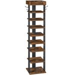 HOOBRO Narrow Shoe Rack, 9-Tier Tall Shoe Rack, Wooden Shoe Storage Organizer with 2 Hooks, Slim Shoe Shelf, Vertical Shoe Tower for Entrance, Industrial, Rustic Brown and Black EBF81XJ01G2