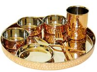 Yadav Craft Dinner Set Copper Steel Solid Hand Made Kitchen Plate/Thali Hotel And Home Dinnerware Gifting Purposes Heavy Weight Dinner Set Of 7 Pieces (Set Of 8 Pieces Including Fork Spoon)