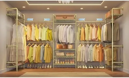 Timate U5 Expandable Wall Mounted Clothes Rack, Walk in Closet, Heavy Duty Industrial Pipe Clothing Rack with 4 Expandable Hanger Rods & 8 Adjustable Shelves, Fits Spaces 7'12"- 9'12", Gold