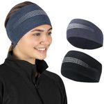 TrailHeads Womens Ponytail Headband - Reflective, Moisture Wicking Hair Headband for Running, Winter - Adrenaline Series - Black/Heather Navy Reflective - 2 Pack