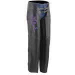 Milwaukee Leather Chaps for Women Black and Purple Low-Rise Waist- Double Buckle Reflective Embroidery Motorcycle Chap- ML1187-3X-Small