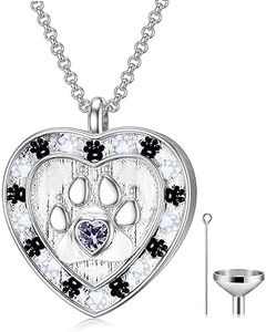 SOULMEET Custom Silver/Real White Gold Paw Print Necklace for Ashes, Personalize Engraving Birthstone Pet Urn Necklace for Ashes Keepsake Cremation Jewelry for Pet Cats Dogs-June