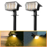 Solpex Solar Spot Lights, 2 Pack Solar Lights Outdoor Garden, 63 LED 3 Lighting Modes, IP65 Waterproof Spotlights for Yard Garden House Garage Pathway(Warm White)