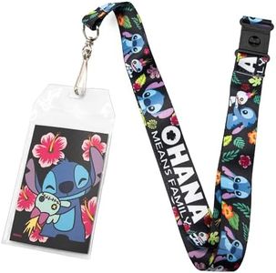 Disney Lanyard, Badge Holder Charm, Ohana Means Family Stitch Scrump Poses Tropical Flora Black, Elastic