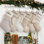 GEX Personalized Christmas Stockings Custom Name 4 Pack for Family with Names Embroidery 20" Large Rustic Boho Farmhouse Country Xmas Stockings with Tassels Fireplace Decoration Ornament (Set of 4)