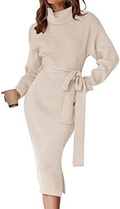 ZESICA Women's Turtleneck Sweater Midi Dress Long Sleeve Ribbed Knit Bodycon Slit Dress with Belt, Apricot, Medium