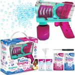 WOWMAZING PoppinColorz Cozmic Light-Up Color Bubbles Blaster with 1 Pink, 1 Blue and 2 Clear Bubble Solutions Made in The USA - No Dipping Necessary - Easy Click Trigger for Small Hands