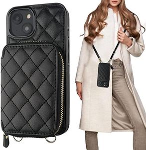 Bocasal Crossbody Wallet Case for iPhone 14, RFID Blocking PU Leather Zipper Handbag Purse Flip Cover, Kickstand Folio Case with Card Slots Holder Wrist Strap Lanyard 5G 6.1 Inch (Black)