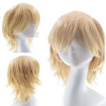 Dcbaboo Blonde Wig Short Curly Wig Men/Women Wigs Anime Cosplay Wig 12" Natural Fluffy Layered Straight Hair Unisex Halloween Wig Fancy Dress Synthetic Full Wig with Wig Cap, Linen Blonde