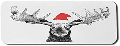 Lunarable Moose Computer Mouse Pad, Funny Christmas Animal Antlers and Santa Claus Hat Xmas Celebrations Themed Print, Rectangle Non-Slip Rubber Mousepad Large, 31" x 12" Gaming Size, Grey Red