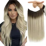 Fshine Invisible Wire Hair Extensions Dark Brown Roots Ash Blonde Mix Platinim Blonde Secret Wire Hair Extensions Fish Line Hair Extension Human Hair 12 Inch One Piece Clip in Hair Extensions 70G