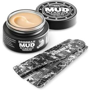 Bossman MUDstache Mustache Wax for Men + Acetate Folding Mustache & Beard Comb – Unscented Styling and Grooming Kit