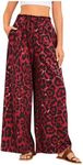 OYOANGLE Women's Leopard Print Elastic High Waist Wide Leg Pants Tie Front Pockets Loose Casual Trousers Red Small