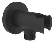 Aquaiaw Wall Supply Elbow with O-Ring Flange, Electroplate Matte Black, Solid Brass Wall Union with Hand Shower Holder, Tapered 1/2 NPT Female Inlet, Round, W/Handheld Showerhead bracket, G1/2 Outlet