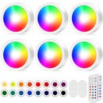 Battery Operated Puck Lights with Remote, RGB Push Lights Under Cabinet Kitchen Lights, Wireless Sticker Light with Timer Closet Light for Party Wardrobe Stairs Kitchen Bedroom Hallway, 6 Pack