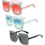 Alviller 3 Pack Oversized Rhinestone Sunglasses, Crystal Square Eye Glasses Thick Frame Diamonds Sunglasses for Girls Women Shopping Traveling Summer Party Makeup Accessories