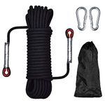 HHOOMY Outdoor Climbing Rope, 20m Length, 10.5mm Diameter, 1200Kg Pull High Strength Cord Safety Rope Braid Nylon Rope, Escape Rope Fire Rescue Parachute Rope with 2 Carabiner (Black)