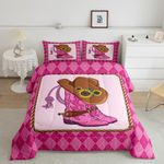 Teens Western Cowboy Comforter Set Queen Size,Cowboy Boots and Hats Bedding Set for Kids Boys Girls Bedroom Decoration,Pink Grid Geometry Bed Duvet Insert,Retro Comforter with 2 Pillowcases