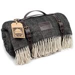 KOMOREBI Large Outdoor Waterproof Picnic Blanket (78"x59") Acrylic Wool Blend | Leather Carrier | Soft Herringbone Pattern Picnic Mat for up to 4 Adults (Grey)