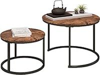 DUMEE Round Coffee Table, Set of 2 Side Table Nesting Table with Steel Frame and Wooden Top, for Living Room, Bedroom, Balcony, (Rustic Brown/Black, Dia 60/40cm)