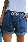 GOLDPKF Ladies Shorts Denim Shorts for Women Linen Cotton High Waist Jeans Shorts Women Summer Drawstring Cargo Hot Pants Light Blue UK Large