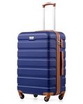 COOLIFE 28 Inch Large Suitcase for Checked Luggage, Business Trip, ABS+PC, Lightweight Hard Shell Luggage with 360°Rubber Spinner Wheels, YKK Zipper, Telescopic Handle, TSA Lock, Blue/Brown