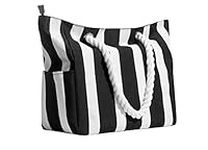 Waterproof Large Travel Bag Zipper Closure Stripe Beach Bag With Pocket and Soft Cotton Rope (Black)