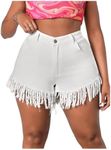 Floerns Women's Plus Size High Waist Zipper Fly Fringe Denim Shorts with Pocket White 2XL