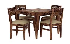 DRIFTINGWOOD Maharaja Solid Wood Dining Table 4 Seater | Wooden Four Seater Dinning Table with Cushion Chairs | Dinner Table 4 Seater | Dining Room Set Furniture | Self Assembly, Teak Brown Finish