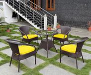 PRATHAM India 4+1 Outdoor Indoor Patio Set Bistro Set Rattan Chair Patio Set Lawn Balcony Hall Outdoor Garden Chair Table Set (Brown Chair & Yellow Cushion)