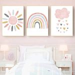 Recrtain Nursery Wall Prints Pink Sunshine Rainbow Cloud Canvas Wall Art, Child Wall Art Poster Boho Nordic Wall Pictures for Girls Baby Kids Room Decor Unframed