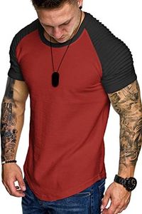 COOFANDY Men's Muscle T-Shirt Pleated Raglan Sleeve Bodybuilding Gym Tee Short Sleeve Fashion Workout Shirts Hipster Shirt, Pattern9 (Red & Black), XX-Large