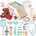 Doctor Role Play Set Wooden Ambulance Doctor Kit for Kids, 37pcs Pretend Play Medical Kit with Plush Bear, Imagination Doctor Role Play Set for Boys Girls Age 3+
