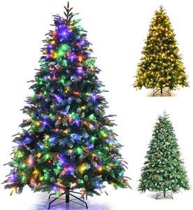 GYMAX 5FT/6FT/7FT Pre-Lit Artificial Christmas Tree, Hinged Xmas Tree with 581/899/1315 Branch Tips, 250/350/450 LED Lights, Pine Cones & Red Berries, 11 Lighting Modes, Holiday Decor Tree (7FT)