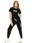 LOTIK Women's Cotton Lycra Black Solid Bottom Rib Night Pajama Set, Small